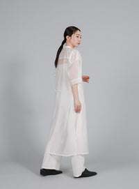 【Et】Half-sleeve Band Collar Sheer Shirt Onepiece