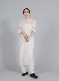 【Et】Half-sleeve Band Collar Sheer Shirt Onepiece