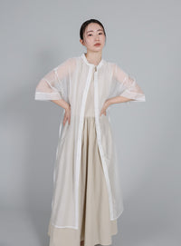 【Et】Half-sleeve Band Collar Sheer Shirt Onepiece