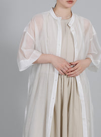 【Et】Half-sleeve Band Collar Sheer Shirt Onepiece