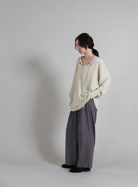 【Et】Tuck Ribbon Key Neck Blouse