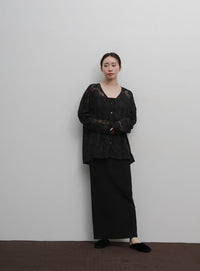 【Et】Sheer Jacqard V-Neck Blouse