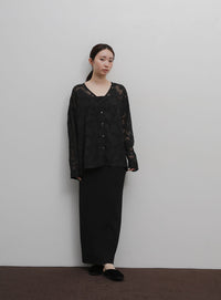 【Et】Sheer Jacqard V-Neck Blouse