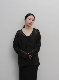 【Et】Sheer Jacqard V-Neck Blouse