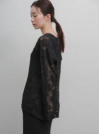 【Et】Sheer Jacqard V-Neck Blouse