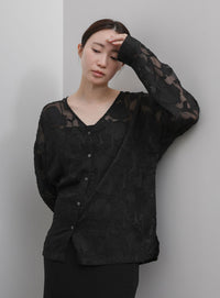 【Et】Sheer Jacqard V-Neck Blouse