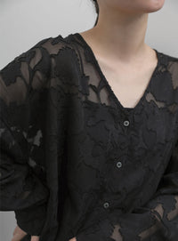 【Et】Sheer Jacqard V-Neck Blouse
