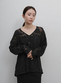 【Et】Sheer Jacqard V-Neck Blouse