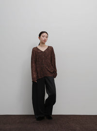 【Et】Sheer Jacqard V-Neck Blouse