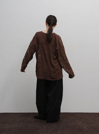 【Et】Sheer Jacqard V-Neck Blouse