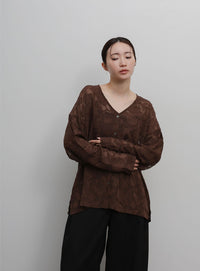 【Et】Sheer Jacqard V-Neck Blouse