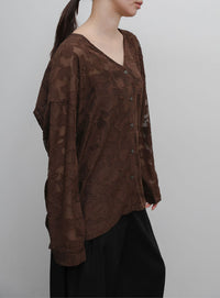 【Et】Sheer Jacqard V-Neck Blouse