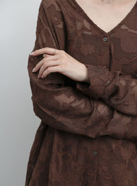 【Et】Sheer Jacqard V-Neck Blouse