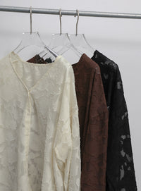 【Et】Sheer Jacqard V-Neck Blouse