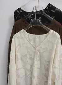 【Et】Sheer Jacqard V-Neck Blouse