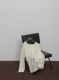 【Et】Sheer Jacqard V-Neck Blouse