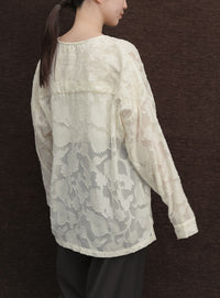 【Et】Sheer Jacqard V-Neck Blouse