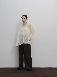 【Et】Sheer Jacqard V-Neck Blouse