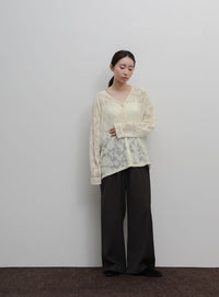 【Et】Sheer Jacqard V-Neck Blouse