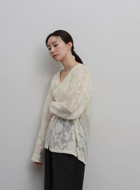 【Et】Sheer Jacqard V-Neck Blouse