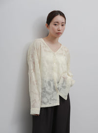 【Et】Sheer Jacqard V-Neck Blouse