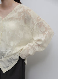 【Et】Sheer Jacqard V-Neck Blouse