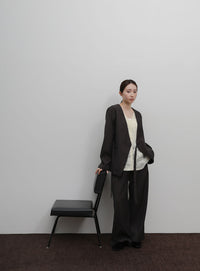 【Et】Sheer Jacqard V-Neck Blouse