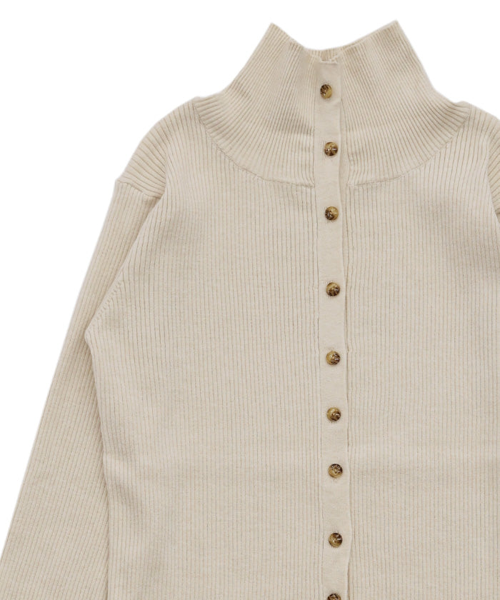【Et】Button Design High-Neck Rib Knit Cardigan