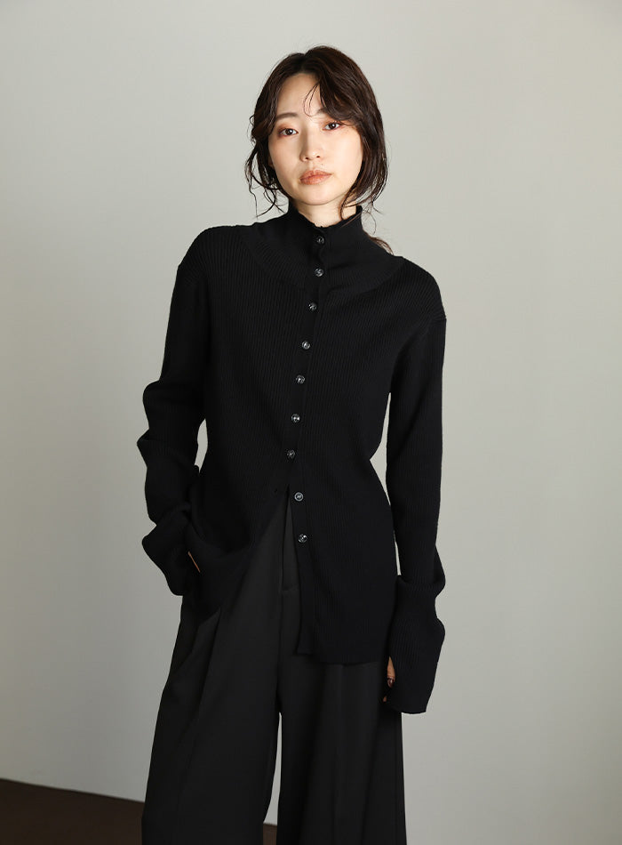 【Et】Button Design High-Neck Rib Knit Cardigan