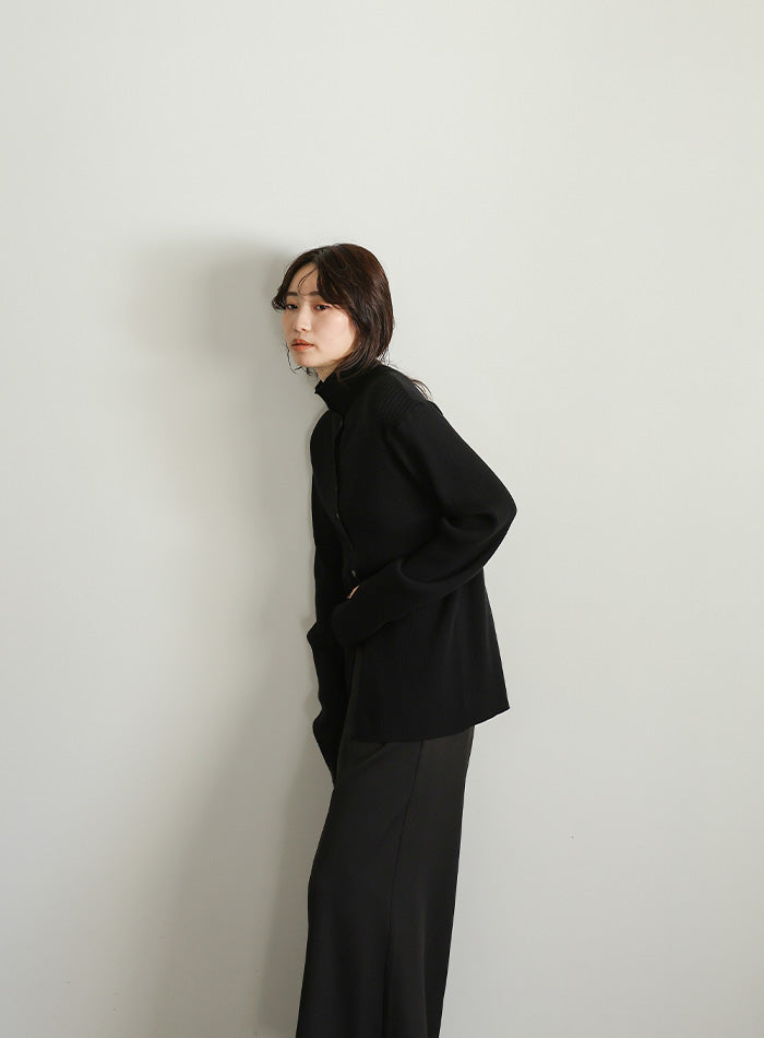 【Et】Button Design High-Neck Rib Knit Cardigan