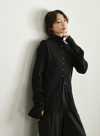 【Et】Button Design High-Neck Rib Knit Cardigan