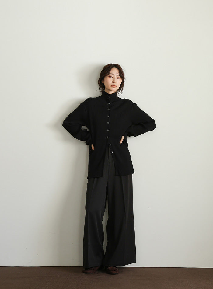 【Et】Button Design High-Neck Rib Knit Cardigan