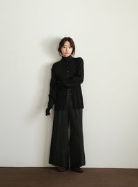 【Et】Button Design High-Neck Rib Knit Cardigan