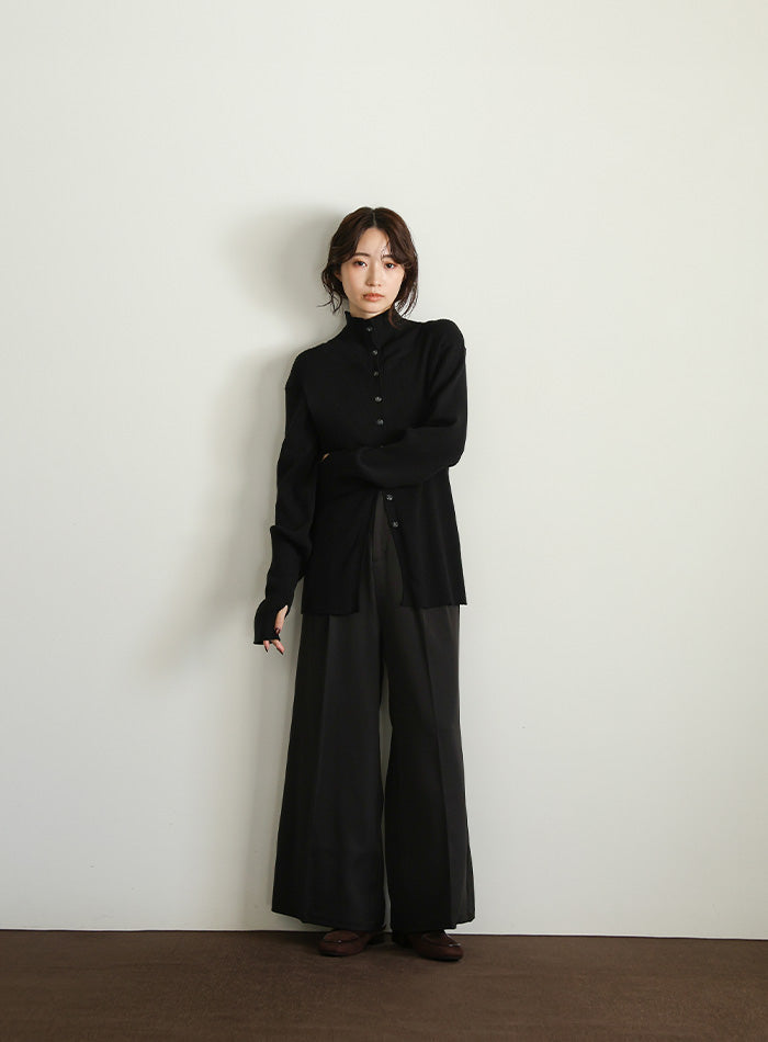 【Et】Button Design High-Neck Rib Knit Cardigan