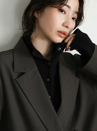 【Et】Button Design High-Neck Rib Knit Cardigan