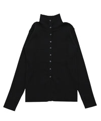 【Et】Button Design High-Neck Rib Knit Cardigan