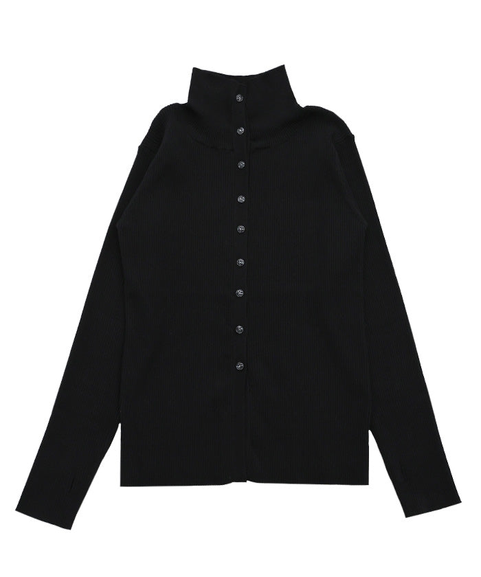 【Et】Button Design High-Neck Rib Knit Cardigan