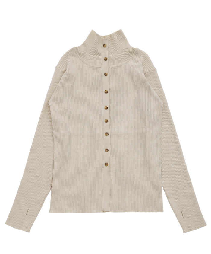 【Et】Button Design High-Neck Rib Knit Cardigan