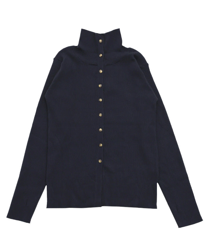 【Et】Button Design High-Neck Rib Knit Cardigan