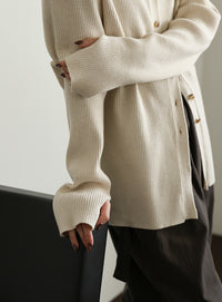 【Et】Button Design High-Neck Rib Knit Cardigan