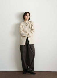 【Et】Button Design High-Neck Rib Knit Cardigan