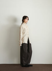 【Et】Button Design High-Neck Rib Knit Cardigan