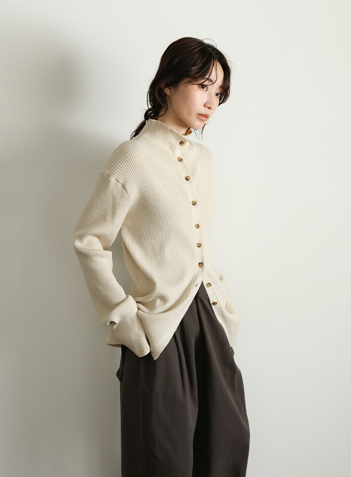 【Et】Button Design High-Neck Rib Knit Cardigan