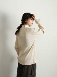 【Et】Button Design High-Neck Rib Knit Cardigan