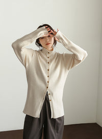 【Et】Button Design High-Neck Rib Knit Cardigan