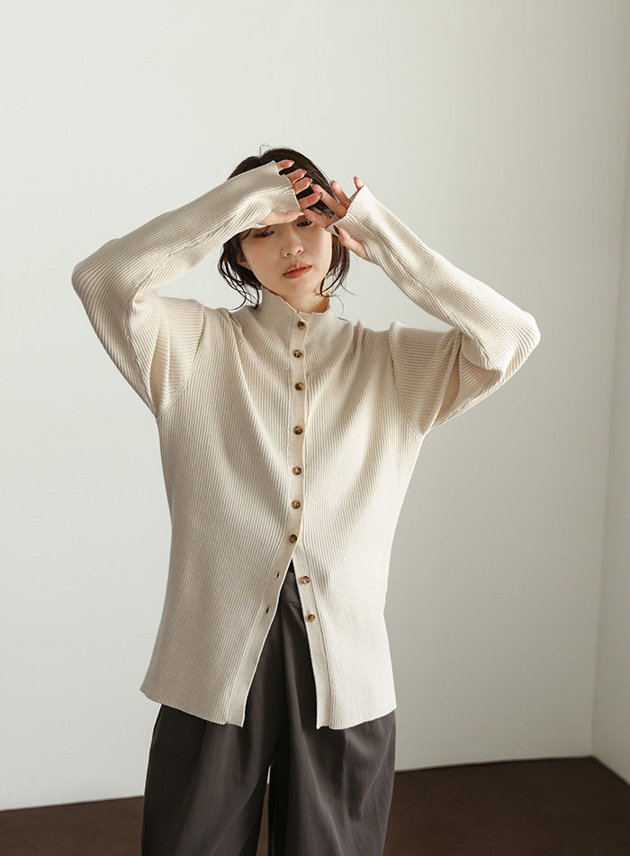 【Et】Button Design High-Neck Rib Knit Cardigan