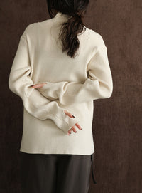 【Et】Button Design High-Neck Rib Knit Cardigan