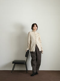 【Et】Button Design High-Neck Rib Knit Cardigan