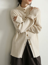 【Et】Button Design High-Neck Rib Knit Cardigan