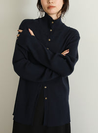 【Et】Button Design High-Neck Rib Knit Cardigan